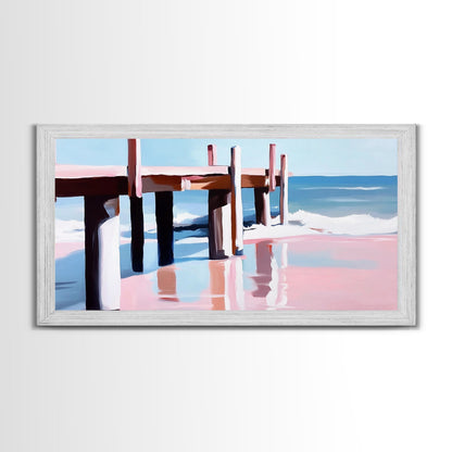 Strandpier-Gemälde, Küstenlandschaft, maritime Kunst, minimalistische moderne Ästhetik, entspannende sommerliche Wanddekoration, Leinwanddruck