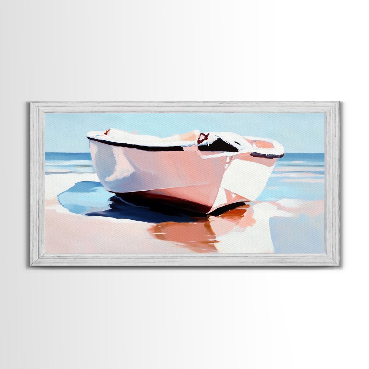 Beach Boat, Ocean Reflection, Coastal Calm, Canvas Print, Minimalist Nautical Art, Summer Home Decor, Living Room Wall Art, Tranquil Vibes