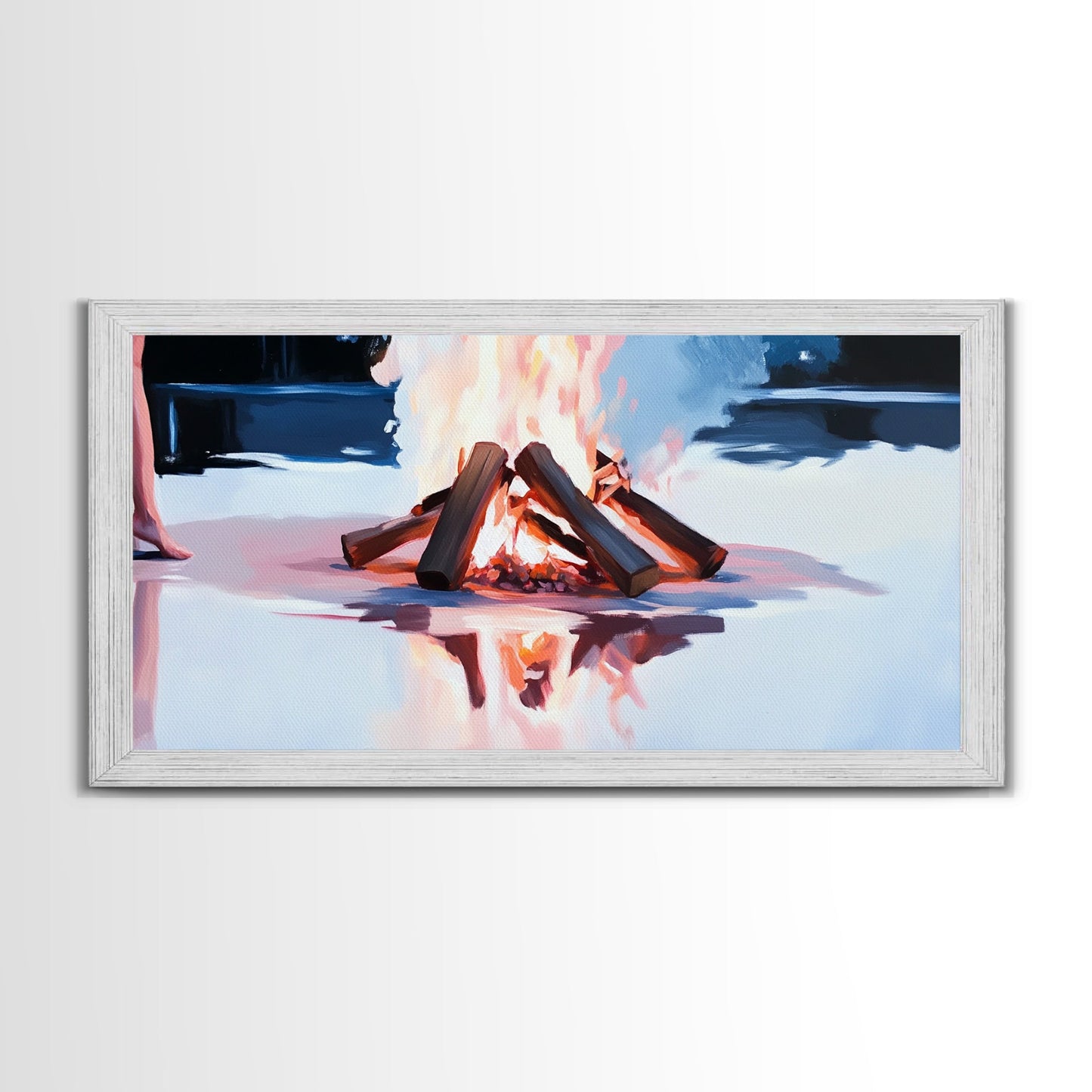 Gemütliches Lagerfeuer, Feuerspiegelung, Lagerfeuerglühen, Herbstnacht, gerahmter Leinwanddruck, Wandbild für die Hütte, rustikale Dekoration, warme Atmosphäre, Herbstkunst