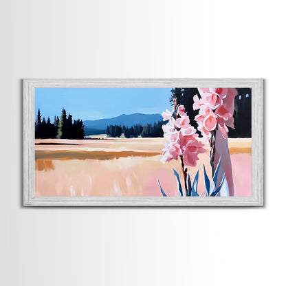 Rosa Blumen, Naturlandschaft, Wandbild im Landhausstil, Blumenästhetik, Boho-Dekor, Schlafzimmer-Wandbild, Minimalistische Kunst, Leinwanddruck