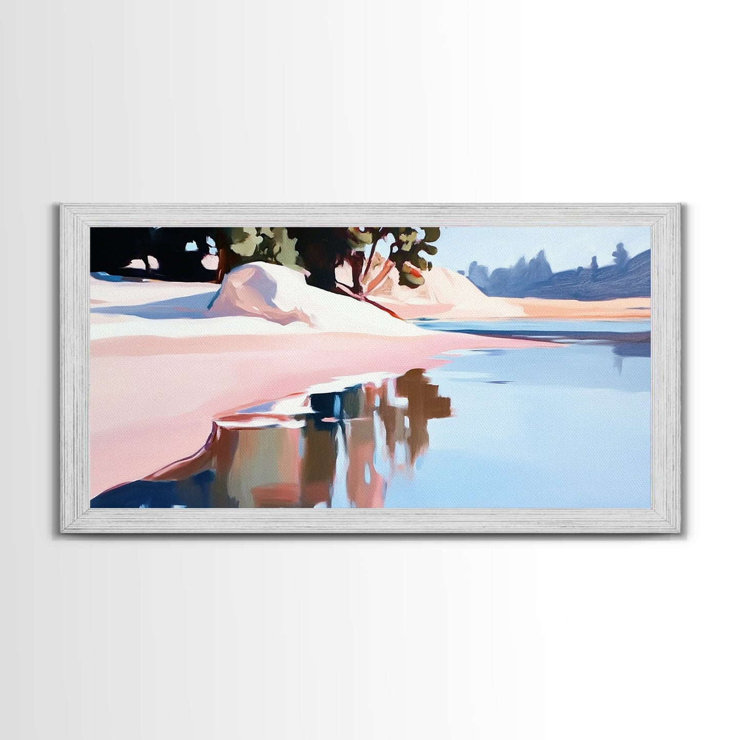 Küstenbaum, Dachüberstand, Leinwanddruck, vom Meer inspirierte Dekoration, moderne Strandwandkunst, pastellfarbene Meereslandschaft, ruhige Szenerie, tropisches Flair