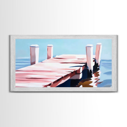 Steg am Wasser, minimalistische Meereslandschaft, Küstendeko, nautische Wandkunst, modernes Strandhaus, Sommerfeeling, blaue Wandkunst, gerahmter Leinwanddruck