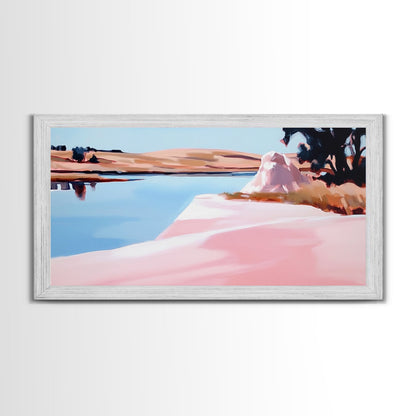 Tree on Shore, Lake Art, Natural Beauty, Rustic Decor, Tranquil Scene, Blue and Pink Palette, Serene Wall Art, Modern, Canvas Print