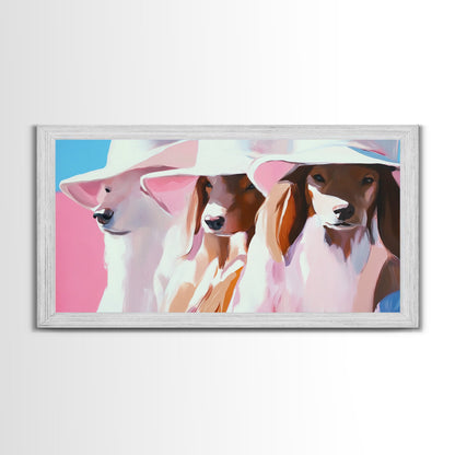 Stilvolle Hunde, Trendige Tierkunst, Ästhetischer Druck in Rosa, Modernes Haustierporträt, Verspielte Wandkunst, Dekoratives Dekor, Gerahmter Leinwanddruck