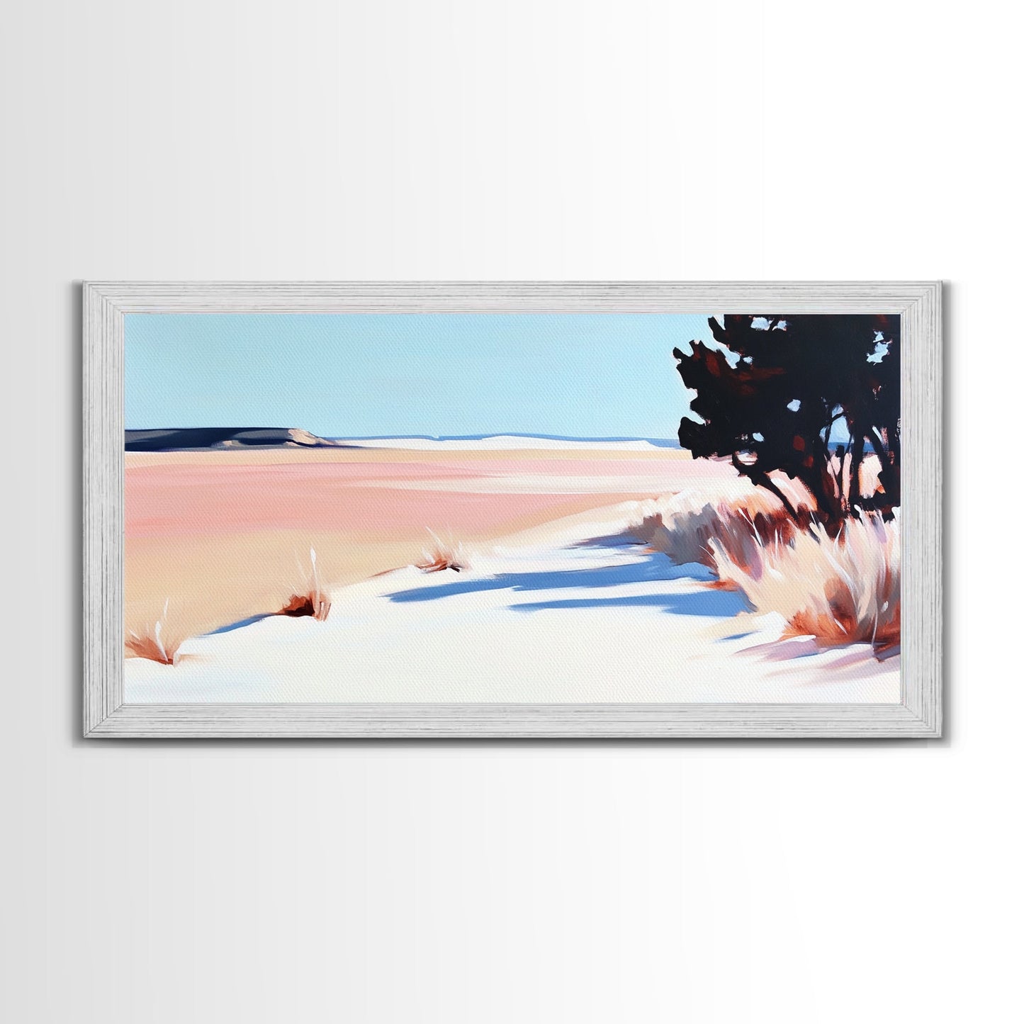 Wüstenpfad, minimalistische Landschaftskunst, warmer Pastelldruck, erdige Ästhetik, rustikale Wanddekoration, Schlafzimmerkunst, Leinwanddruck