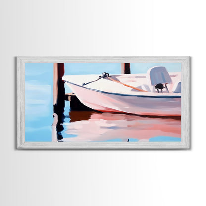 Segelboot-Ruhe, Nautische Kunst, Minimalistischer Boho-Stil, Blaue Küstendekoration, Spiegelung im ruhigen Wasser, Gelassene Ästhetik, Leinwanddruck, Eingangsbereich