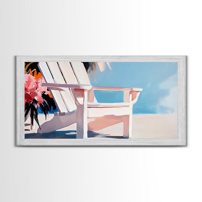 Strandstuhl, Sommerentspannung, Küstenkunst für draußen, Urlaubsästhetik, tropische Wohndekoration, minimalistische Pastellfarben, Leinwanddruck, Terrasse