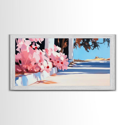 Flowers, Sunlit Walkway, Mediterranean Style Art, Floral Painting, Romantic Landscape, Framed Canvas Print, Outdoor Wall Art, Pastel Tones