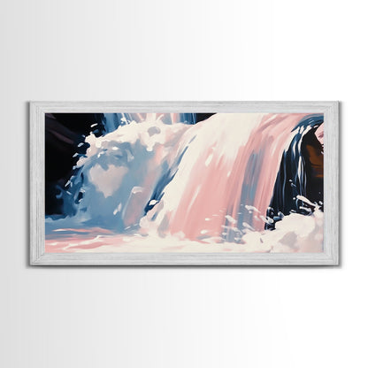 Wasserfallmotiv, Naturwandbild, Ruhige Landschaftskunst, Moderner minimalistischer Druck, Blau- und Rosatöne, Gerahmter Leinwanddruck, Wohnzimmerkunst