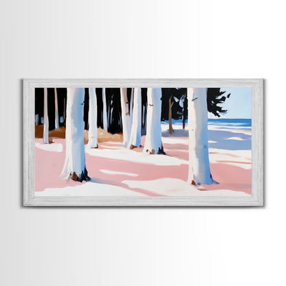 Wald am Ufer, Küstenbäume, Naturkunst, Leinwanddruck, Ruhige Wanddekoration, Wohnzimmerkunst, Strandhausgemälde, Minimalistische Kunst