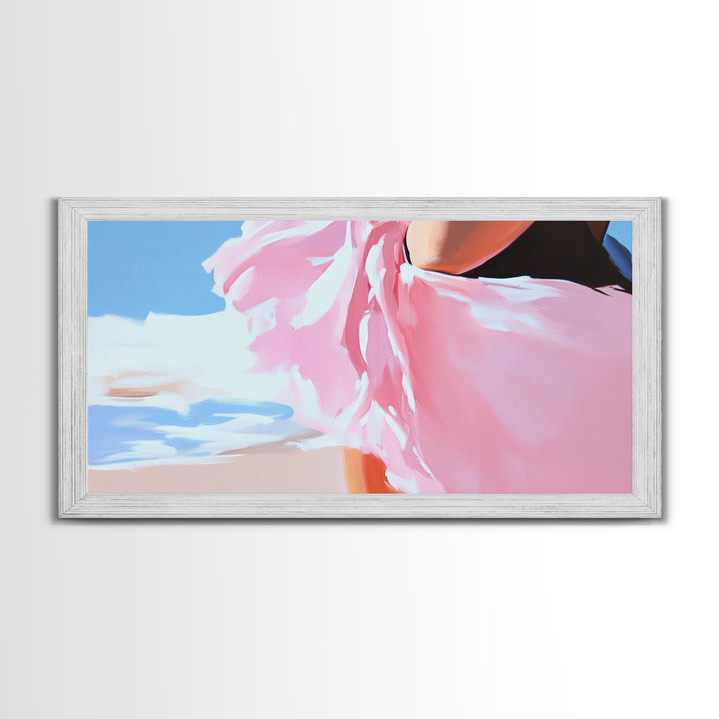 Fließendes Kleid, Strandwind, feminine Eleganz, modische Wandkunst, gerahmter Leinwanddruck, Meeresbrise, moderne Wohndekoration, zartrosa Ästhetik