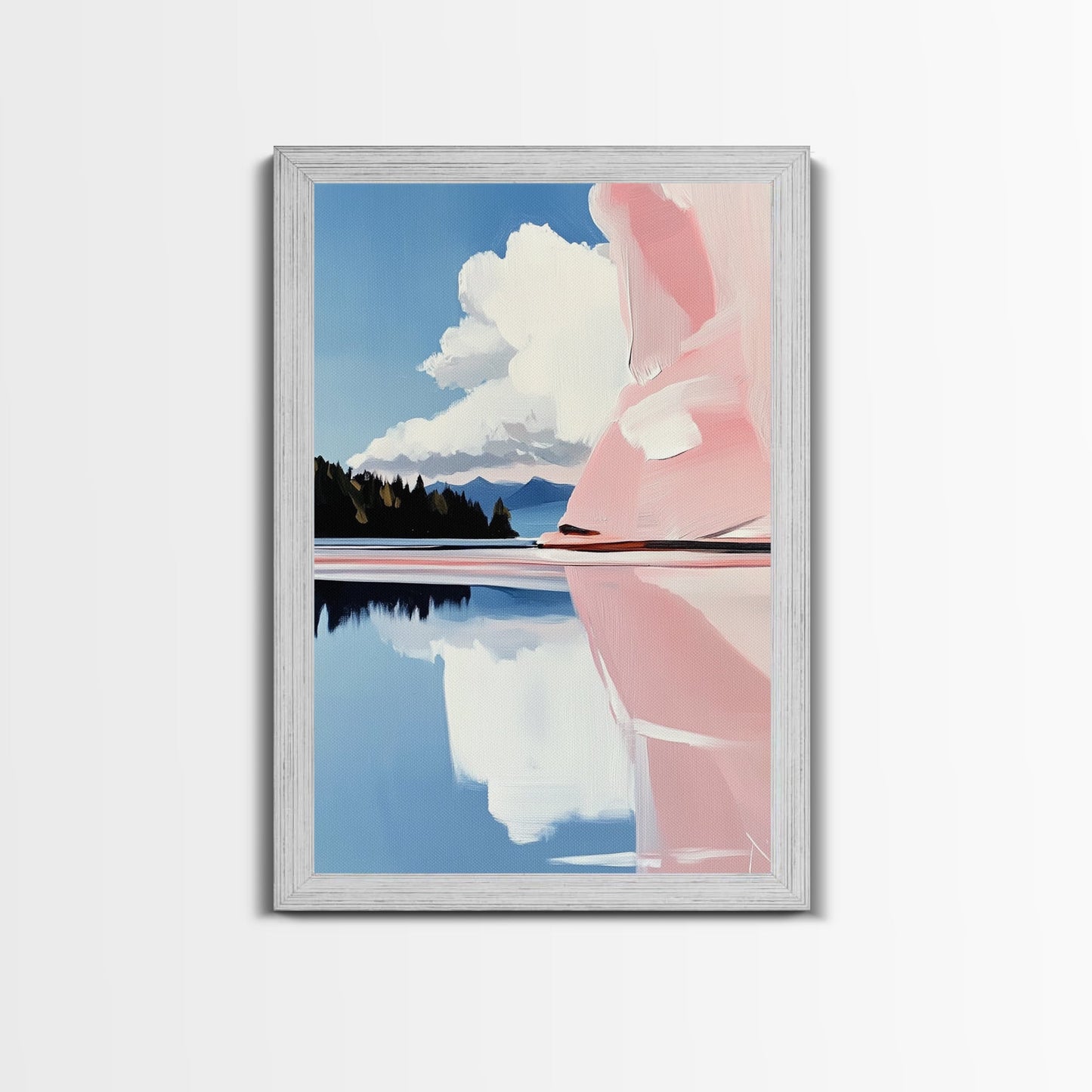 Pink Rock Reflection, Abstract Landscape, Serene Water Art, Framed Canvas Print, Modern Wall Decor, Minimalist Nature, Living Room Art