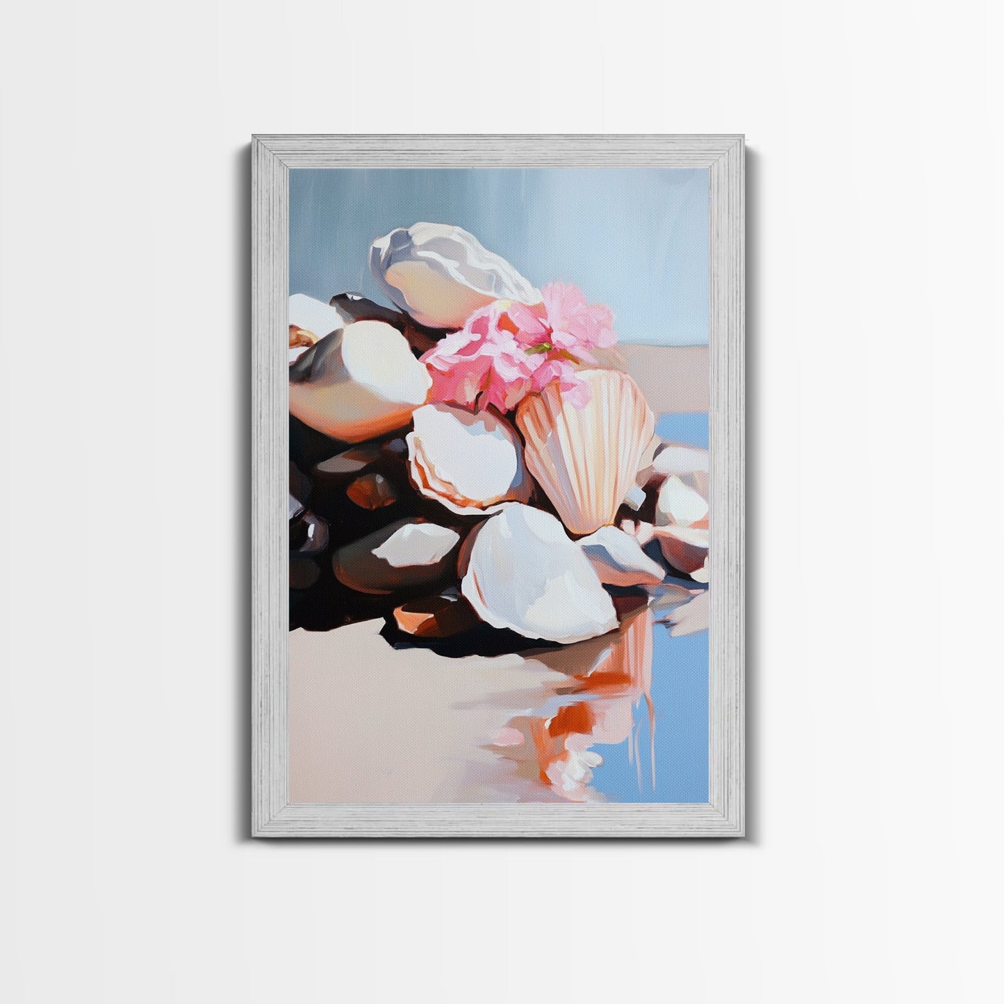 Seashell Collection, Beach Treasures, Coastal Aesthetic, Nautical Wall Art, Framed Canvas Print, Ocean Decor, Living Room Artwork