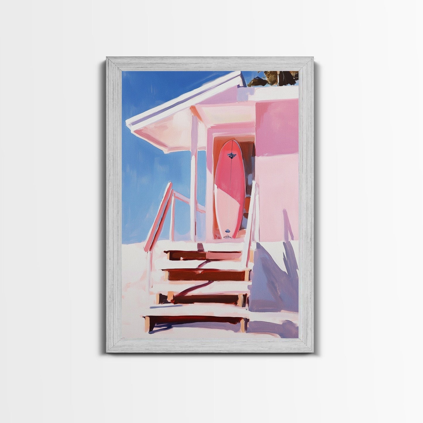 Surf Shack, Tropical Beach House Art, Framed Canvas Print, Pink Coastal Decor, Summer Vibes Wall Art, Relaxing Ocean Painting, Boho Chic