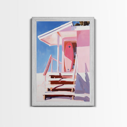 Surf Shack, Tropical Beach House Art, Framed Canvas Print, Pink Coastal Decor, Summer Vibes Wall Art, Relaxing Ocean Painting, Boho Chic