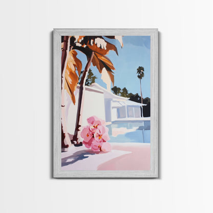 Tropical, Palm Trees, Poolside, Framed Canvas Print, Modern Beach House Art, Vibrant Wall Decor, Summer Vibes, Aesthetic Living Room Art