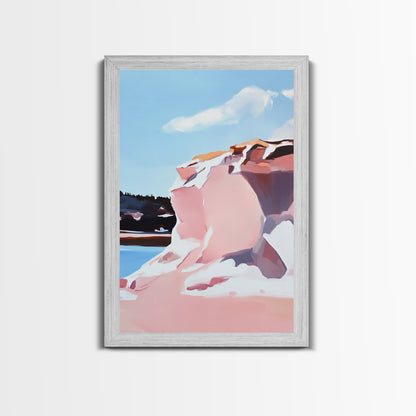 Pink Cliffs, Coastal Beauty, Ocean Landscape, Soft Pastel Art, Nature Inspired, Tranquil Scenery, Boho Wall Art, Framed Canvas Print
