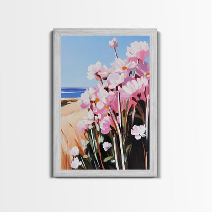 Coastal Flowers, Pink Daisy Art, Floral Beach Decor, Framed Canvas Print, Modern Boho Wall Art, Bedroom Artwork, Summer Aesthetic