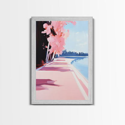 Mediterranean Steps, Coastal Wall Art, Santorini Print, Blue and Pink Decor, Travel Painting, Framed Canvas Print, Living Room Art