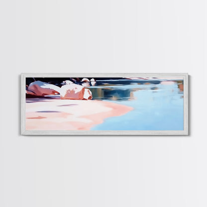 Reflections on Water, Tranquil Lakeside Scene, Minimalist Nature Art, Canvas Print, Serene Blue Tones, Relaxing Wall Art, Office Decor