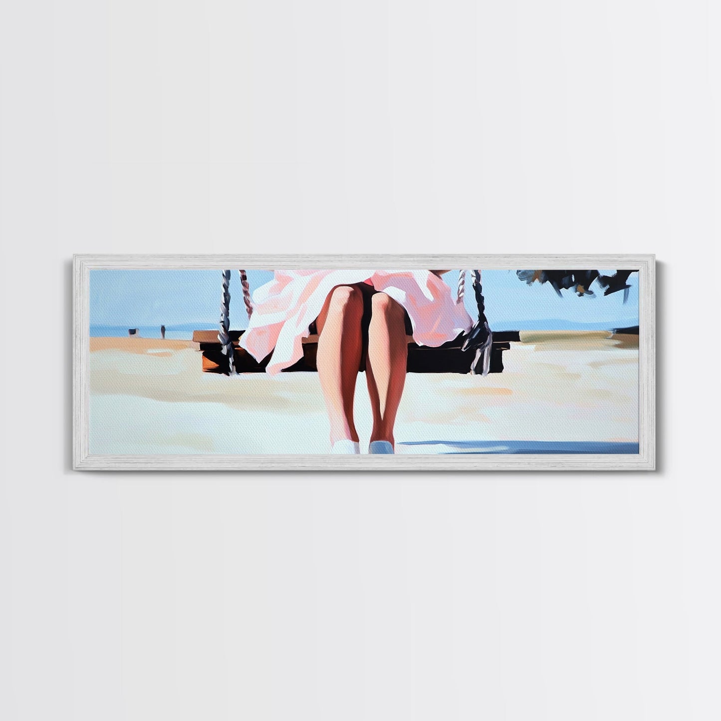 Swing By The Sea, Pastel Sky, Framed Canvas Print, Beach Wall Art, Minimalist Decor, Relaxing Aesthetic, Soft Tones, Coastal Living