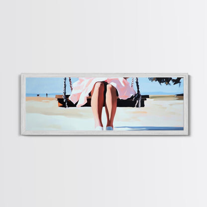 Swing By The Sea, Pastel Sky, Framed Canvas Print, Beach Wall Art, Minimalist Decor, Relaxing Aesthetic, Soft Tones, Coastal Living