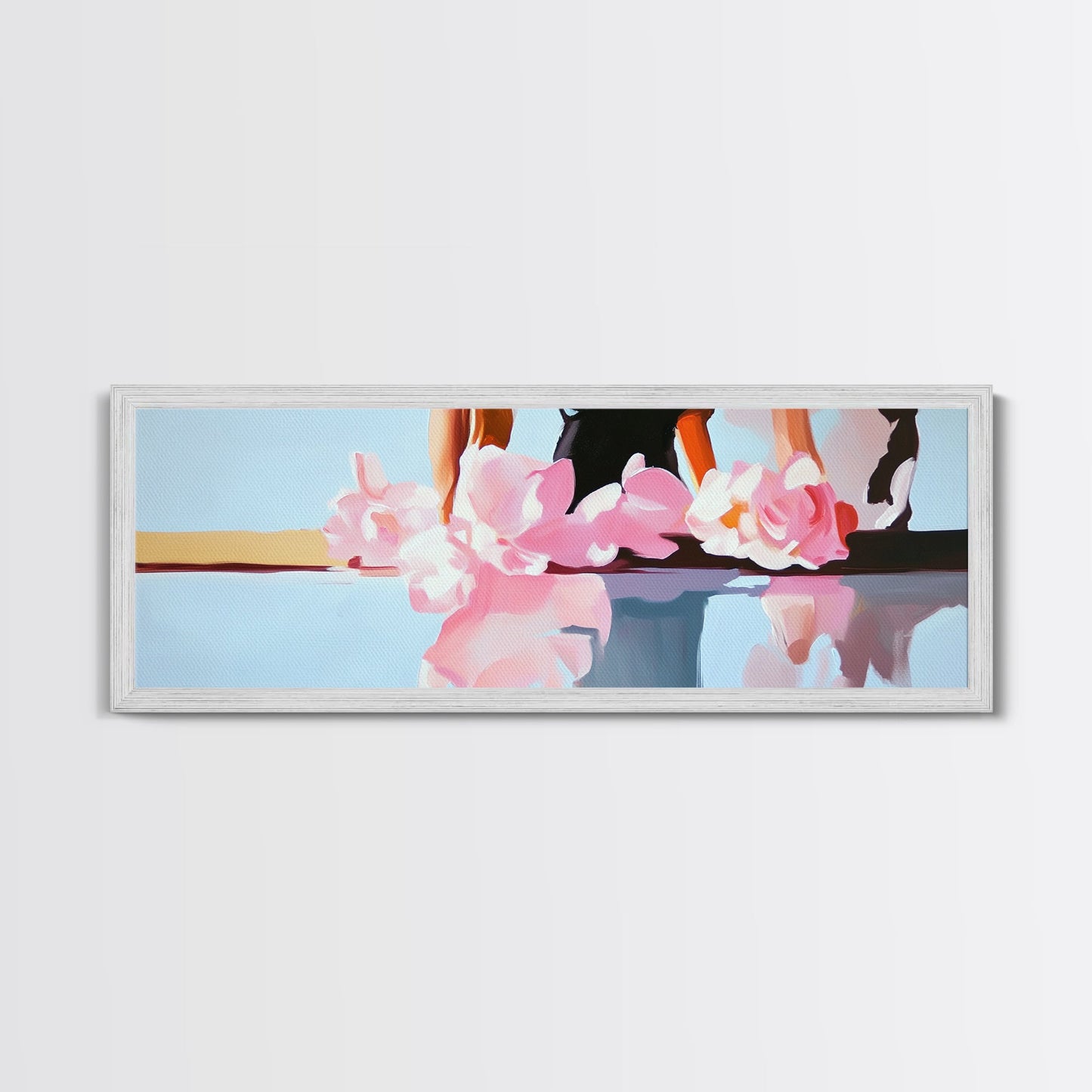 Floral Reflections, Pink Blossoms, Water Mirror, Framed Canvas Print, Feminine Wall Art, Elegant Bedroom Decor, Pastel Aesthetic