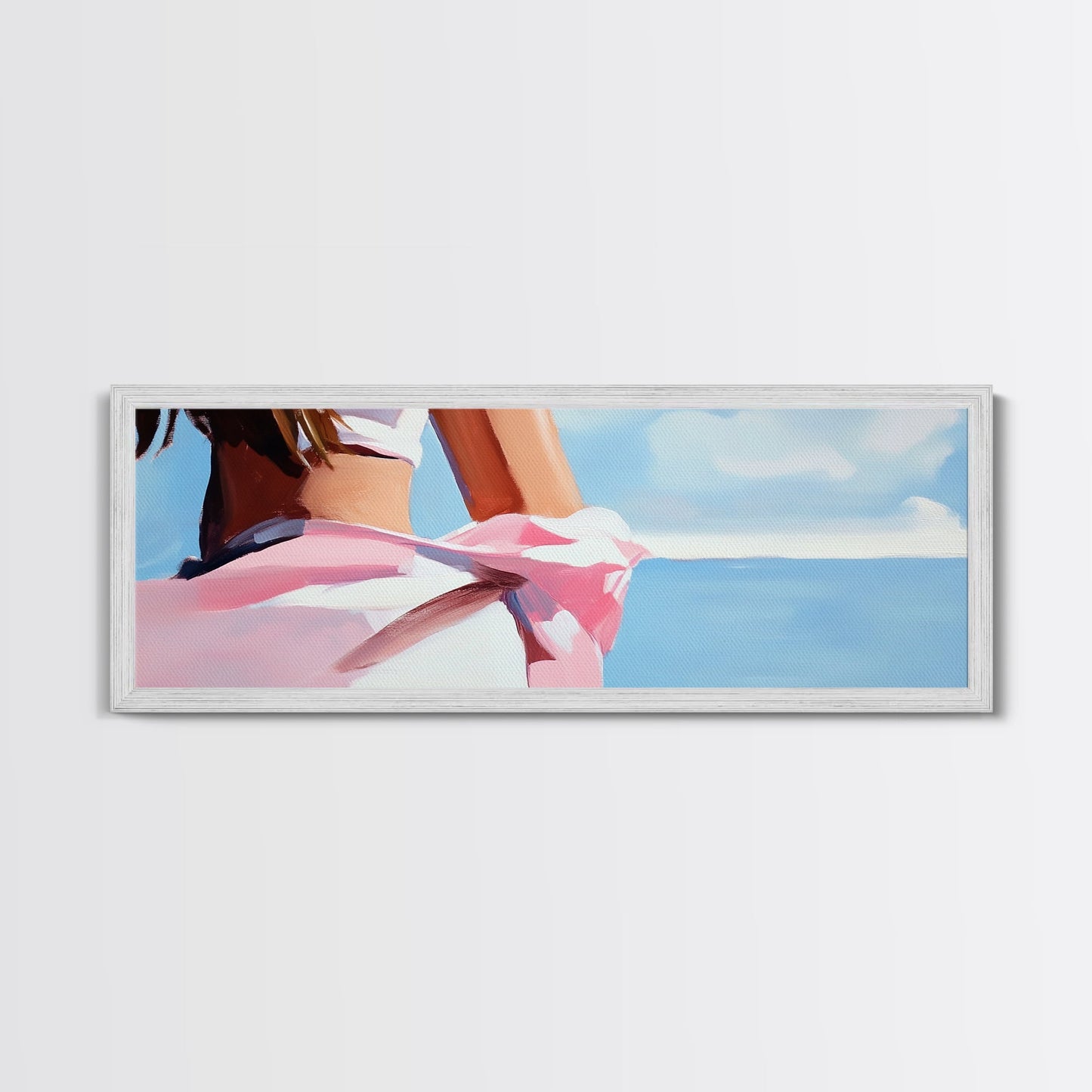 Woman on Beach, Windy Dress, Ocean Breeze, Framed Canvas Print, Feminine Wall Art, Boho Home Decor, Coastal Aesthetic, Bedroom