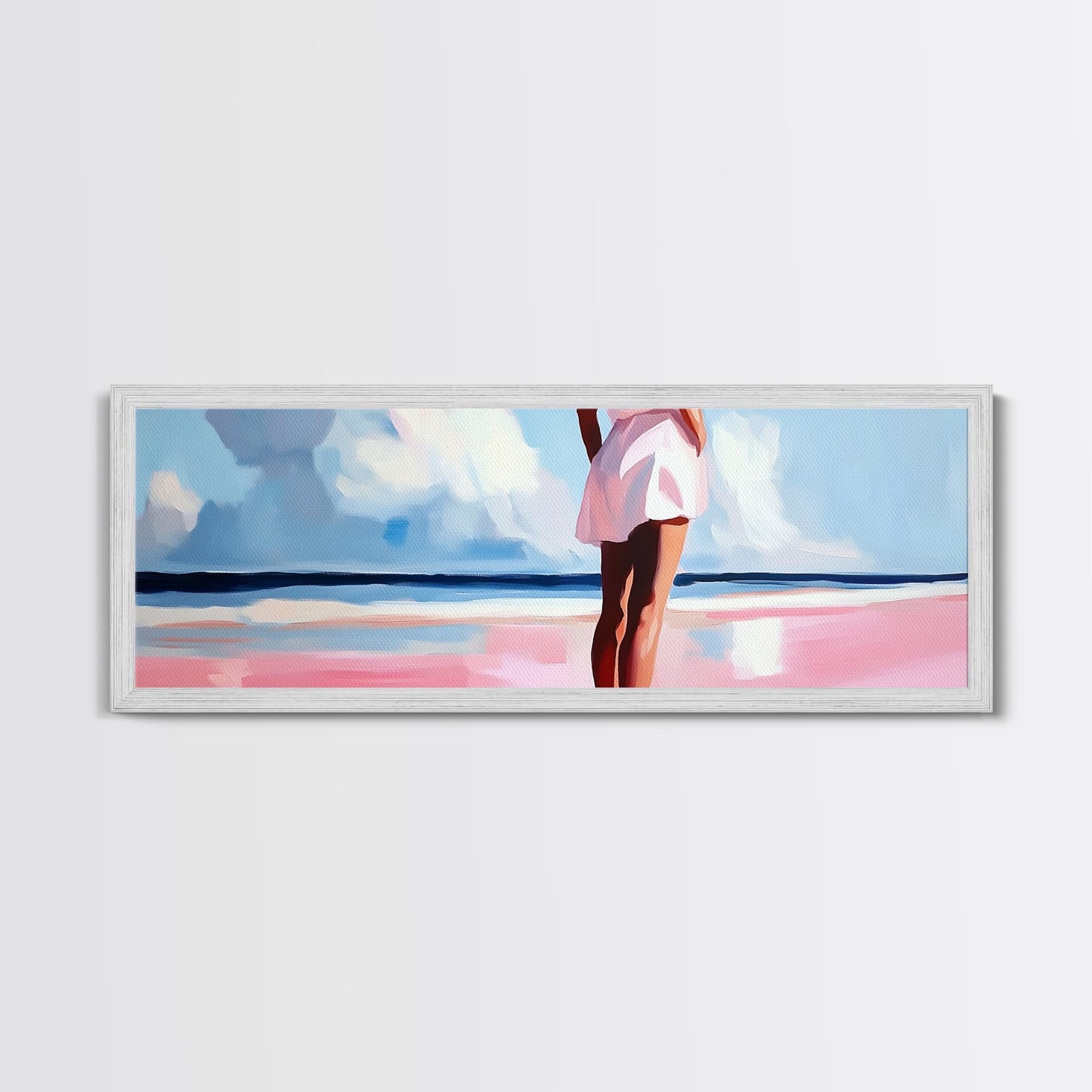 Woman by Ocean, Beach Reflection, Serenity Art, Framed Canvas Print, Modern Coastal Decor, Minimalist Wall Art, Bedroom Artwork