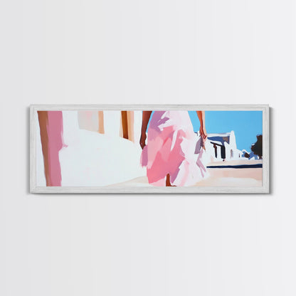Pink Dress, Elegant Stroll, Romantic Scene, Framed Canvas Print, Modern Wall Art, Feminine Decor, Stylish Living Room Artwork