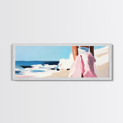 Ocean Waves, Pink Skirt, Windy Shoreline, Framed Canvas Print, Coastal Wall Art, Beach Home Decor, Minimalist Aesthetic, Ocean Scene
