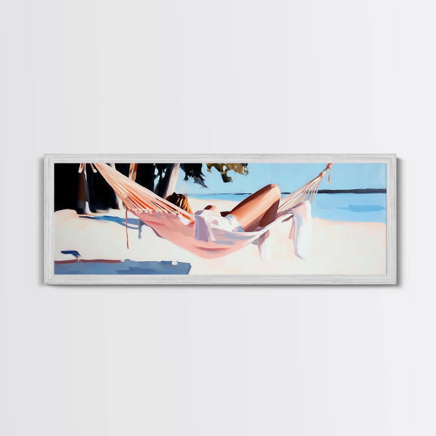 Hammock Rest, Relaxation, Coastal, Framed Canvas Print, Beach House Decor, Summer Vibes, Minimalist Art, Bedroom Wall Art, Boho Aesthetic