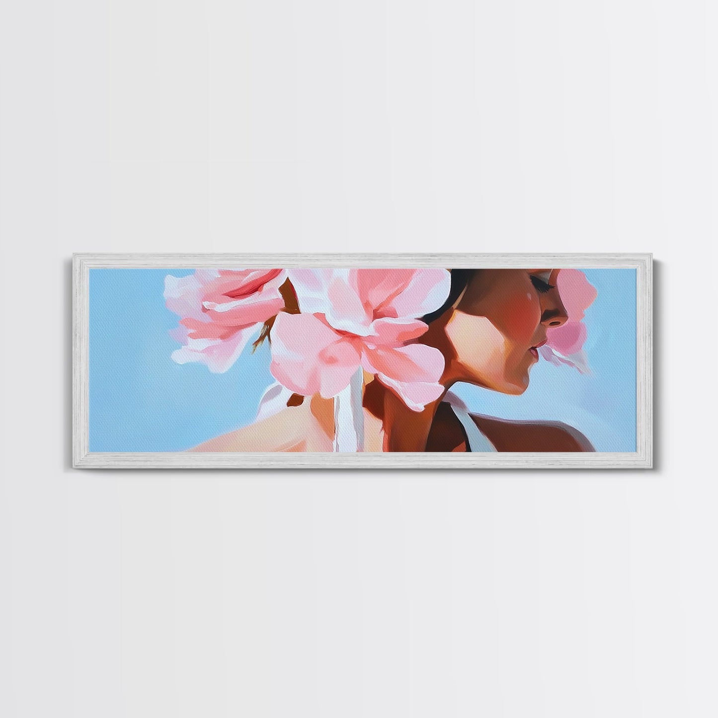 Floral Woman, Feminine Beauty, Elegant Portrait, Boho Canvas Print, Bedroom Wall Art, Modern Aesthetic, Pastel Pink Home Decor