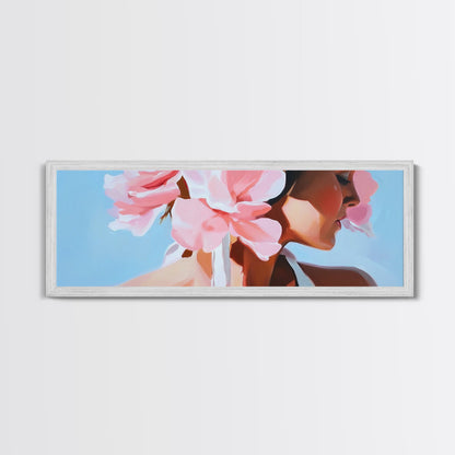 Floral Woman, Feminine Beauty, Elegant Portrait, Boho Canvas Print, Bedroom Wall Art, Modern Aesthetic, Pastel Pink Home Decor