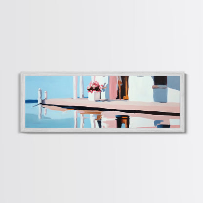 Poolside Reflection, Elegant Patio, Coastal Artwork, Framed Canvas Print, Summer Aesthetic, Modern Living Room Decor, Soft Blues