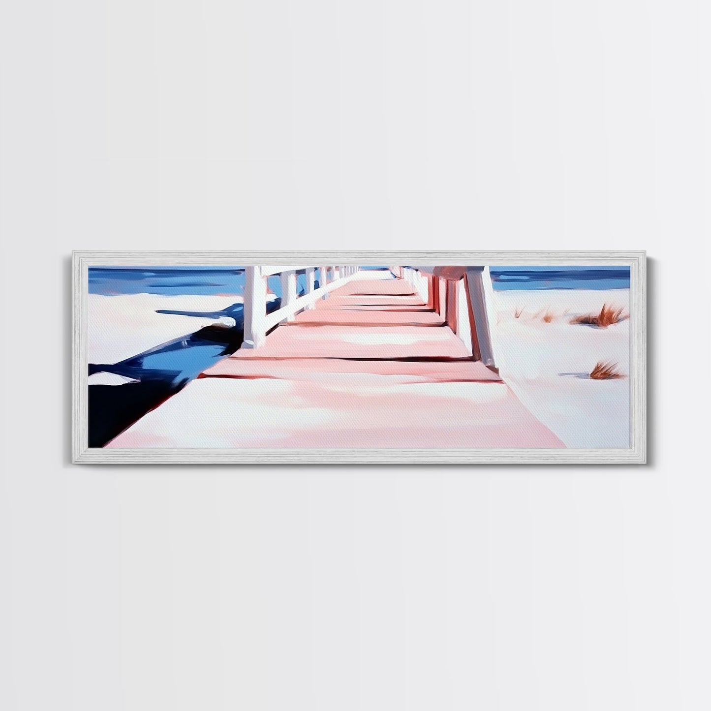 Pink Pier, Beach Walkway, Ocean View, Framed Canvas Print, Coastal Wall Art, Nautical Home Decor, Minimalist Seascape Painting