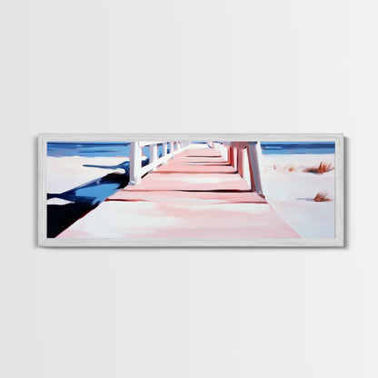 Pink Pier, Beach Walkway, Ocean View, Framed Canvas Print, Coastal Wall Art, Nautical Home Decor, Minimalist Seascape Painting