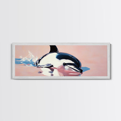 Playful Dolphin, Ocean Waves, Marine Life, Framed Canvas Print, Nautical Wall Art, Beach House Decor, Living Room Coastal Art