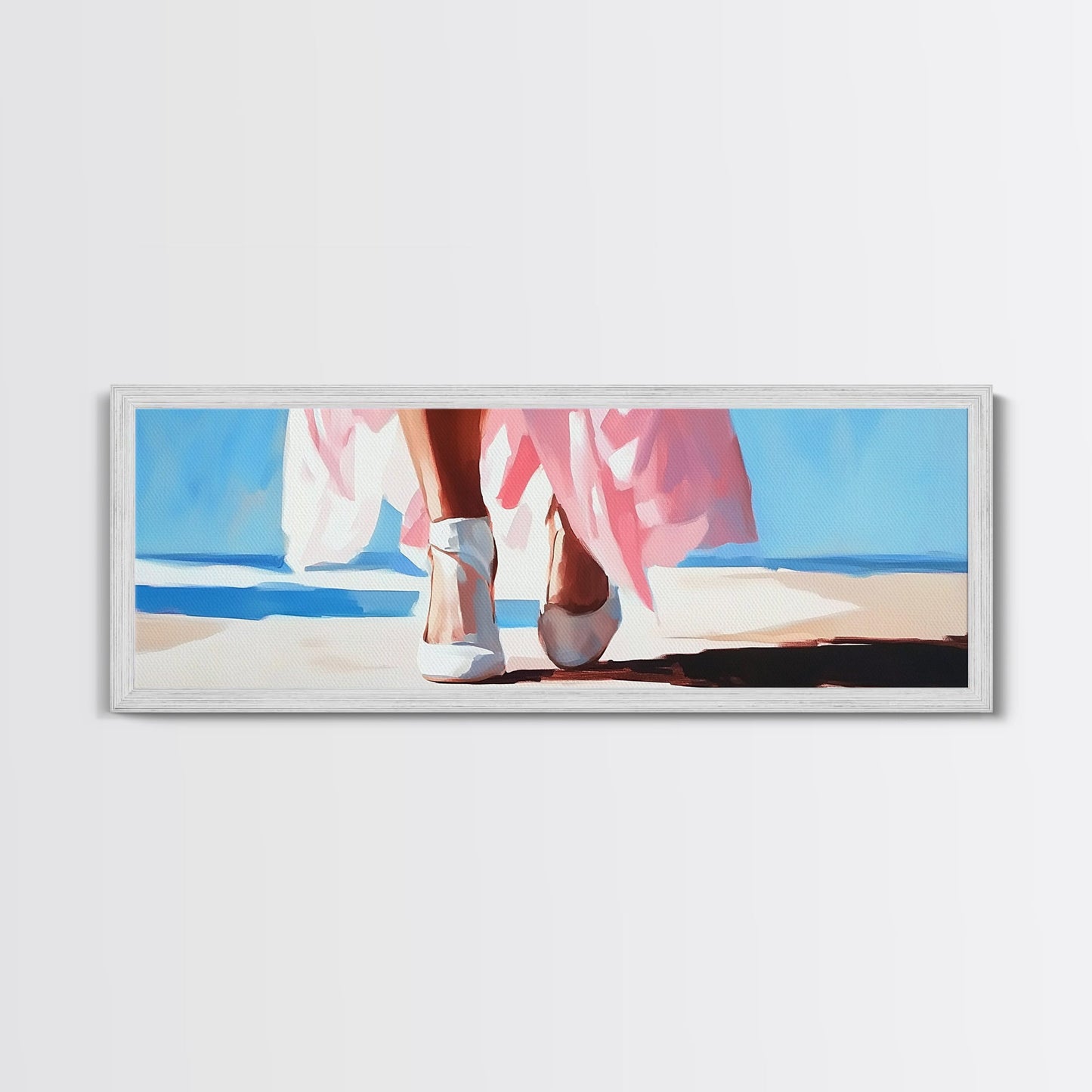 Walking on Beach, Pink Skirt, Ocean Waves, Coastal Feminine Art, Elegant Wall Decor, Canvas Print, Bedroom Wall Art, Summer Aesthetic
