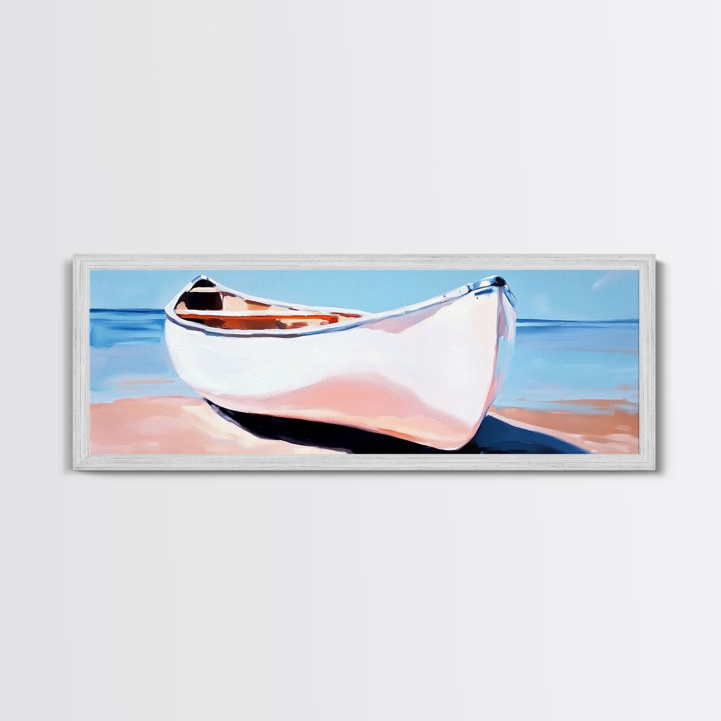 Weißes Kanu, Küstenwandbild, maritime Ästhetik, gerahmter Leinwanddruck, minimalistisches Bootsbild, maritime Kunst für Strandhäuser, Meeresdeko