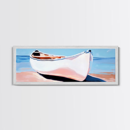 Weißes Kanu, Küstenwandbild, maritime Ästhetik, gerahmter Leinwanddruck, minimalistisches Bootsbild, maritime Kunst für Strandhäuser, Meeresdeko
