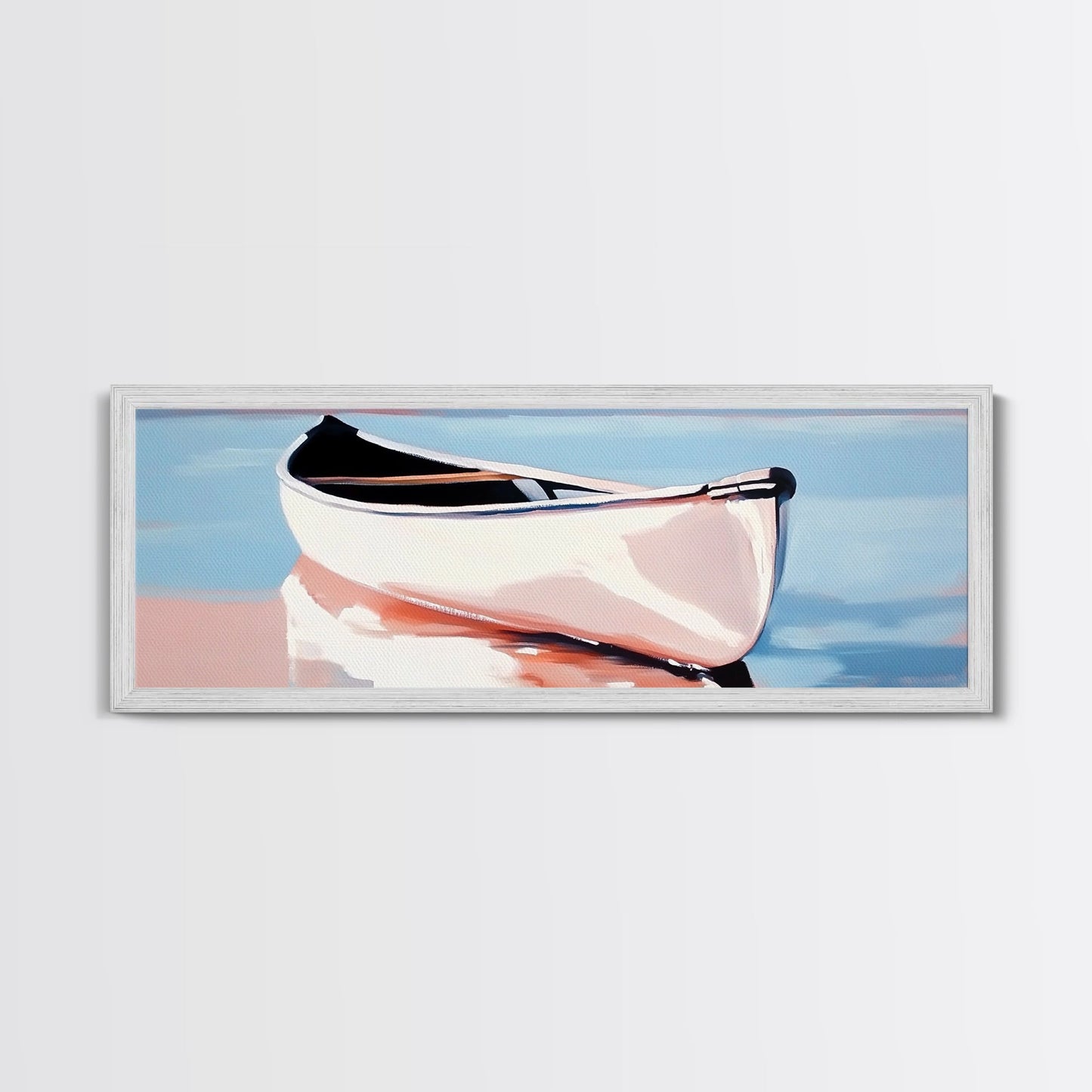 Reflection Boat, Calm Lake Art, Nautical Wall Decor, Framed Canvas Print, Coastal Serenity Art, Pastel Landscape, Living Room Wall Art