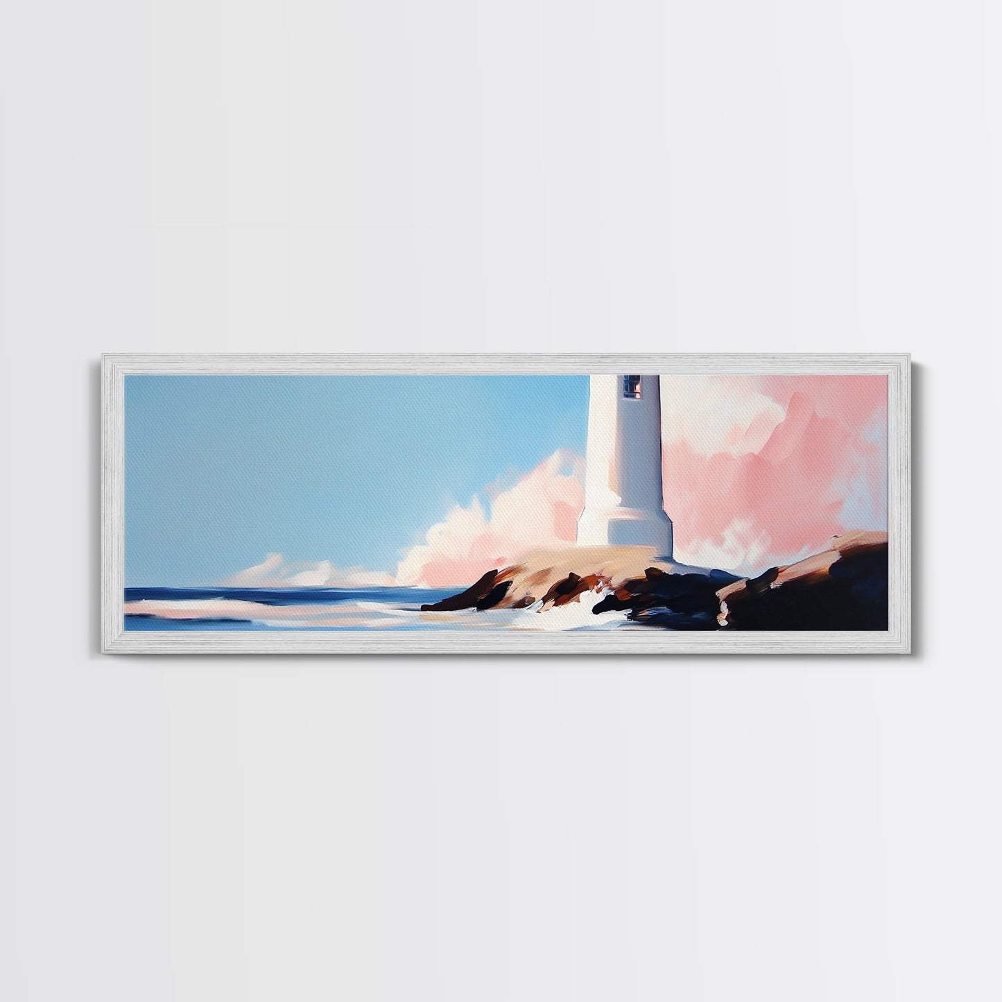 Leuchtturm, Küstenmotiv, Maritime Dekoration, Meerblick, Gerahmter Leinwanddruck, Strandhauskunst, Minimalistische Kunst, Schlafzimmer-Wandkunst