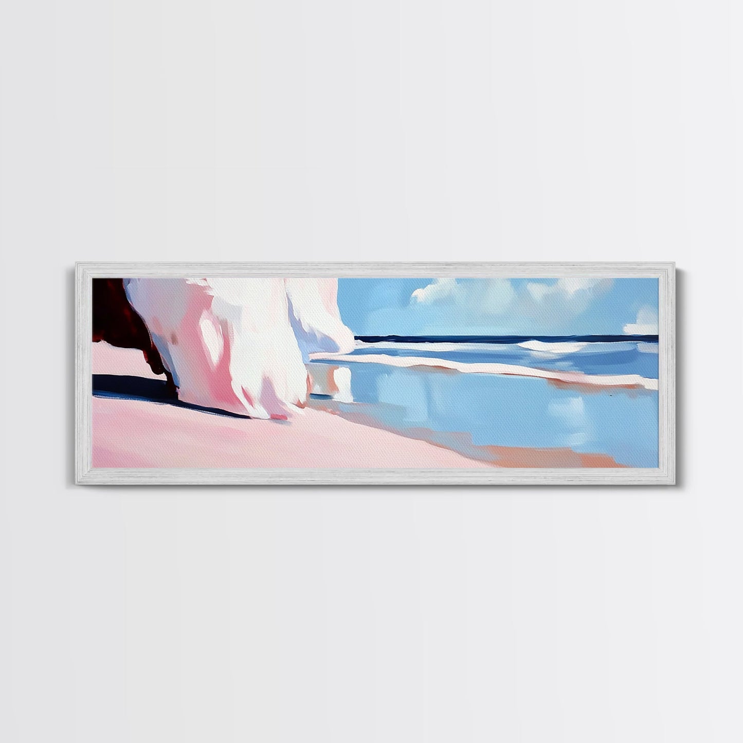 Pink Waves, Soft Beach Hues, Serene Seascape, Abstract Ocean, Framed Canvas Print, Minimalist Aesthetic, Bedroom Wall Art, Coastal Vibes