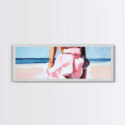 Beach Walk, Soft Waves, Feminine Coastal, Romantic Seascape, Framed Canvas Print, Boho Art, Bedroom Wall Art, Minimalist Aesthetic