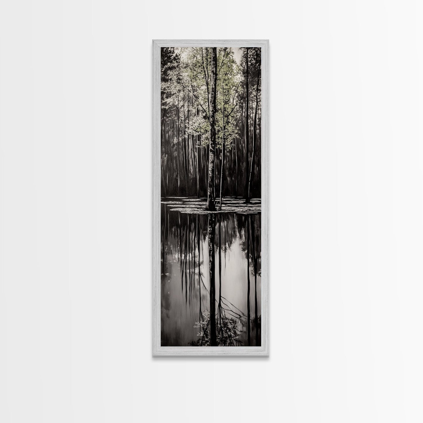 Reflective Trees, Monochrome Forest Painting, Minimalist Nature Art, Framed Canvas Print, Black and White Wall Art, Dining Room Decor