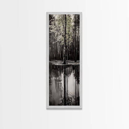 Reflective Trees, Monochrome Forest Painting, Minimalist Nature Art, Framed Canvas Print, Black and White Wall Art, Dining Room Decor