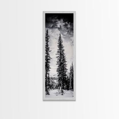 Black White Pine, Winter Forest, Nature Wall Art, Christmas Decor, Modern Minimalist, Monochrome Print, Framed Canvas Print