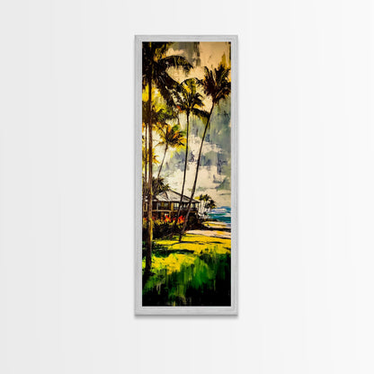 Tropical Landscape Painting, Palm Tree Art, Beach House Wall Decor, Coastal Summer Art, Vibrant Green and Yellow Art, Framed Canvas Print