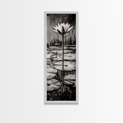 Lotus Bloom, Black and White, Water Lily, Zen Artwork, Framed Canvas Print, Botanical Wall Art, Nature Decor, Serene Living Space